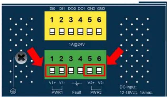 D10 DI1 DO0 DO1 GND GND 1 2 3 4 5 6 1A@24V 1 2 3 4 5 6 V1+ V1- PWR1 Fault V2+ V2- PWR2 DC Input: 12-48V=, 1Amax.