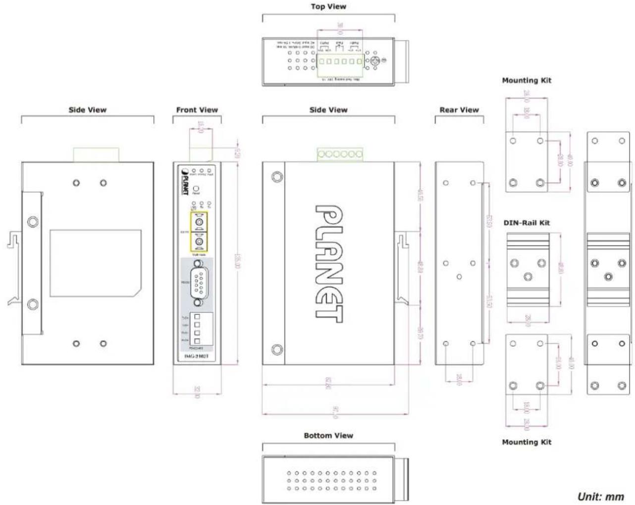 Top View Side View Front View Side View Rear View Mounting Kit PLNET DIN-Rail Kit Bottom View Mounting Kit Unit: mm