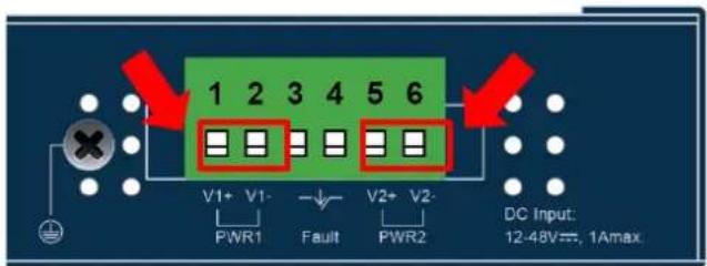 1 2 3 4 5 6 V1+ V1- PWR1 Fault V2+ V2- PWR2 DC Input: 12-48V=1Amax.
