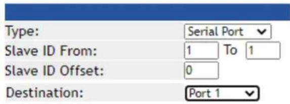 Type: Serial Port Slave ID From: 1 To 1 Slave ID Offset: 0 Destination: Port 1