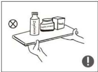 Illustration showing a hand holding a tray with medicine bottles, a product box, and a cross symbol, with an exclamation mark and a warning icon.