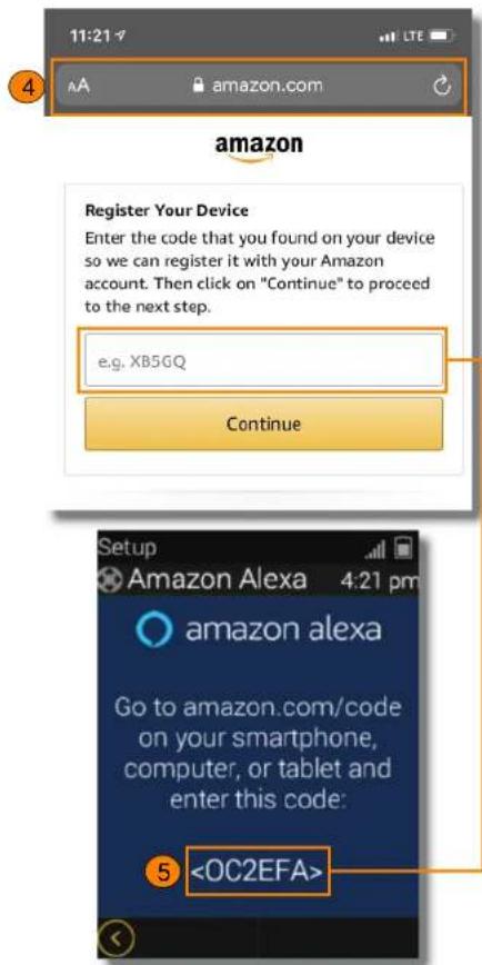 11:21 amazon.com amazon Register Your Device Enter the code that you found on your device so we can register it with your Amazon account. Then click on "Continue" to proceed to the next step. e.g. XB5GQ Continue Setup Amazon Alexa 4:21 pm amazon alexa Go to amazon.com/code on your smartphone, computer, or tablet and enter this code: 5