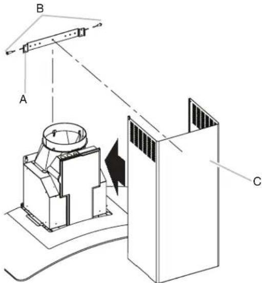 Technical diagram of a mechanical device with labeled components A, B, and C, showing internal components and directional arrows.