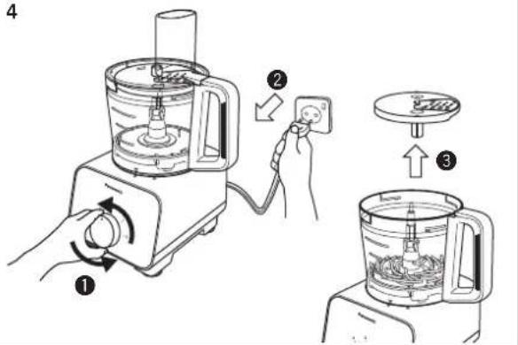 Diagram showing a kitchen appliance being switched to a blender, with labeled steps 1, 2, and 3 indicating the process.
