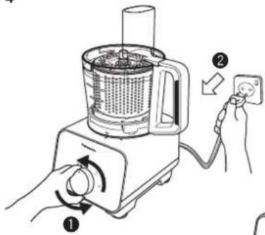 Diagram showing a blender with labeled parts and a hand holding an electrical outlet, illustrating the process of mixing or cleaning.