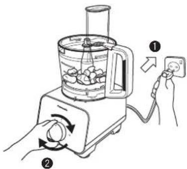 Diagram showing a kitchen blender with labeled parts and a hand holding a power adapter connected to the blender.