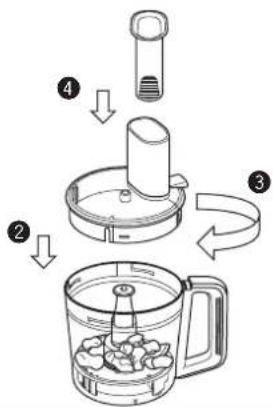 Diagram illustrating a food preparation step with labeled steps for mixing and cleaning a kitchen appliance.