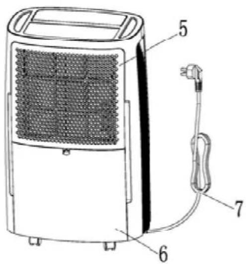 Technical diagram of a portable air conditioner unit with labeled parts 5, 6, 7, and a plug outlet.