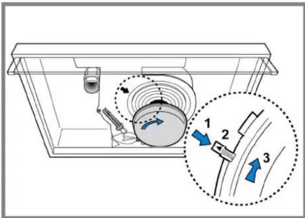 Technical diagram of a mechanical device with labeled parts and directional arrows indicating motion or movement.