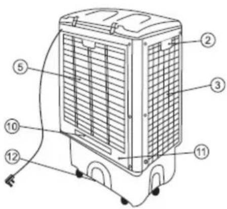 Technical diagram of a refrigerated air conditioner unit with numbered components labeled 1 through 12