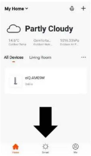 My Home Partly Cloudy 14.6°C Outdoor Time Comforta... Outdoor Hum... 1016.33hPa Outdoor Air F... All Devices Living Room - eiQ-AM09W Online Home Smart Me