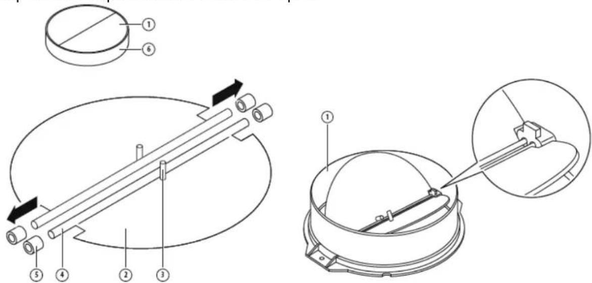 Technical diagram showing mechanical assembly with numbered components and directional arrows indicating motion or force