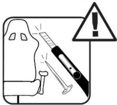 Safety warning illustration showing a hand holding a syringe with warning symbols and an exclamation mark
