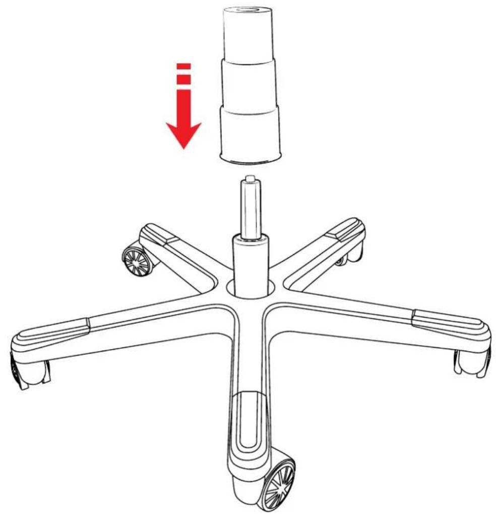Diagram showing a mechanical device with a cylindrical component being lowered, indicated by a red arrow and downward arrow.