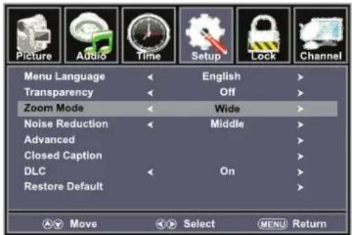 Picture Audio Time Setup Lock Channel Menu Language English Transparency Off Zoom Mode Wide Noise Reduction Middle Advanced Closed Caption DLC On Restore Default Move Select MENU Return