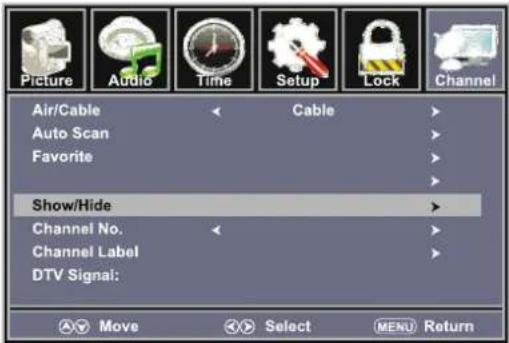 Picture Audio Time Setup Lock Channel Air/Cable Cable Auto Scan Favorite Show/Hide Channel No. Channel Label DTV Signal: Move Select MENU Return