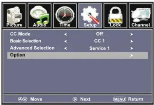 Picture Audio Time Setup Lock Channel CC Mode Off Basic Selection CC 1 Advanced Selection Service 1 Option Move Next MENU Return