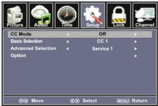 Picture Audio Time Setup Lock Channel CC Mode Off Basic Selection CC 1 Advanced Selection Service 1 Option Move Select MENU Return
