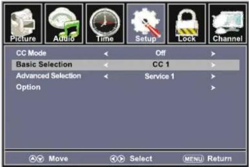 Picture Audio Time Setup Lock Channel CC Mode Off Basic Selection CC 1 Advanced Selection Service 1 Option Move Select MENU Return