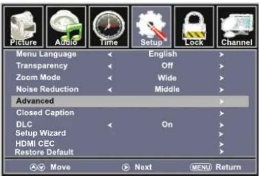 Picture Audio Time Setup Lock Channel Menu Language English Transparency Off Zoom Mode Wide Noise Reduction Middle Advanced Closed Caption DLC On Setup Wizard HDMI CEC Restore Default Move Next MENU Return