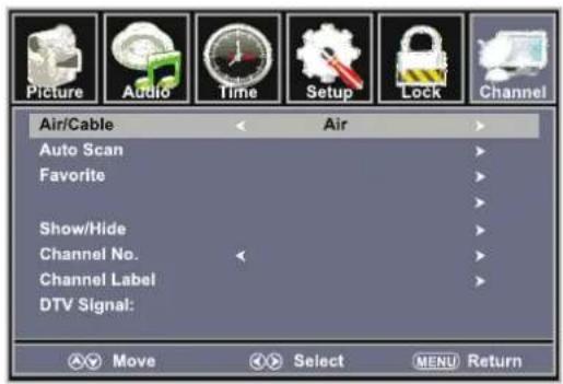 Picture Audio Time Setup Lock Channel Air/Cable Air Auto Scan Favorite Show/Hide Channel No. Channel Label DTV Signal: Move Select MENU Return