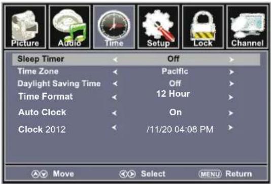 Picture Audio Time Setup Lock Channel Sleep Timer Off Time Zone Pacific Daylight Saving Time Off Time Format 12 Hour Auto Clock On Clock 2012 /11/20 04:08 PM Move Select MENU Return