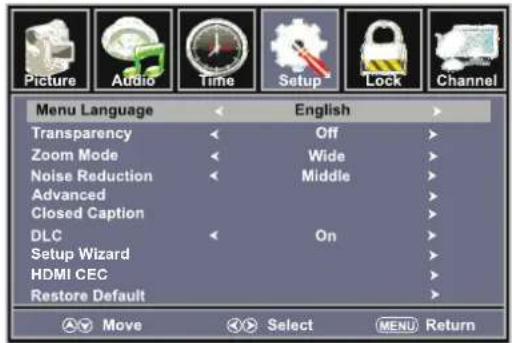 Picture Audio Time Setup Lock Channel Menu Language English Transparency Off Zoom Mode Wide Noise Reduction Middle Advanced Closed Caption DLC On Setup Wizard HDMI CEC Restore Default Move Select MENU Return