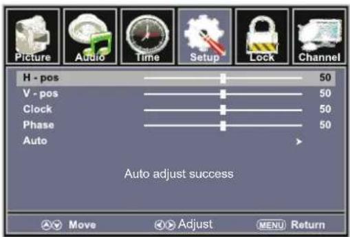 Picture Audio Time Setup Lock Channel H - pos 50 V - pos 50 Clock 50 Phase 50 Auto Auto adjust success Move Adjust MENU Return