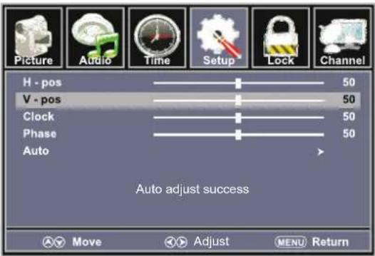 Picture Audio Time Setup Lock Channel H - pos 50 V - pos 50 Clock 50 Phase 50 Auto Auto adjust success Move Adjust MENU Return