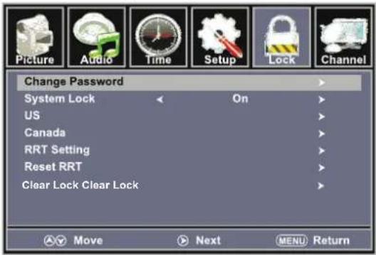 Change Password System Lock On US Canada RRT Setting Reset RRT Clear Lock Clear Lock Move Next MENU Return