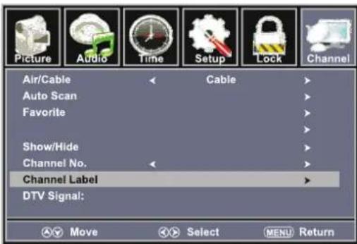 Picture Audio Time Setup Lock Channel Air/Cable Cable Auto Scan Favorite Show/Hide Channel No. Channel Label DTV Signal: Move Select MENU Return