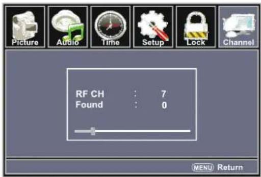 Picture Audio Time Setup Lock Channel RF CH : 7 Found : 0 MENU Return