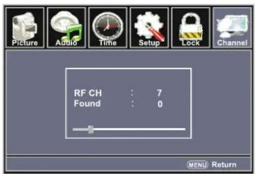 Picture Audio Time Setup Lock Channel RF CH : 7 Found : 0 MENU Return