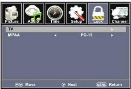 Picture Audio Time Setup Lock Channel TV MPAA PG-13 Move Next MENU Return