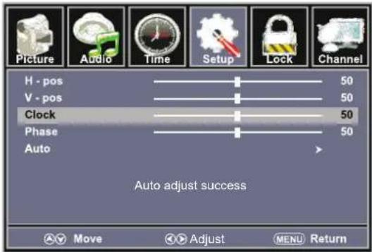 Picture Audio Time Setup Lock Channel H - pos 50 V - pos 50 Clock 50 Phase 50 Auto Auto adjust success Move Adjust MENU Return
