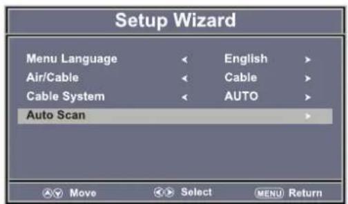 Setup Wizard Menu Language English Air/Cable Cable Cable System AUTO Auto Scan Move Select MENU Return