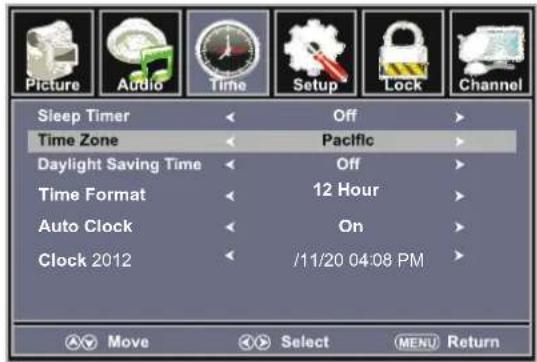 Picture Audio Time Setup Lock Channel Sleep Timer Off Time Zone Pacific Daylight Saving Time Off Time Format 12 Hour Auto Clock On Clock 2012 /11/20 04:08 PM Move Select MENU Return