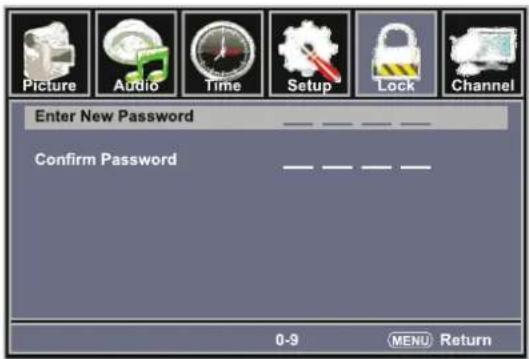 Picture Audio Time Setup Lock Channel Enter New Password Confirm Password 0-9 MENU Return
