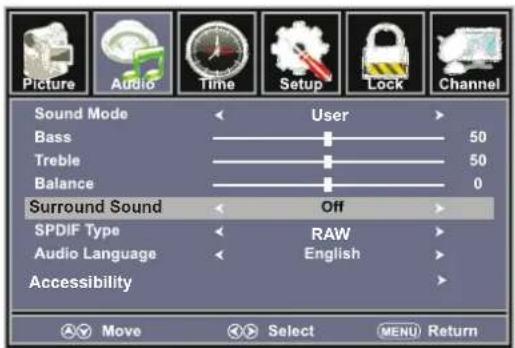 Picture Audio Time Setup Lock Channel Sound Mode User Bass 50 Treble 50 Balance 0 Surround Sound Off SPDIF Type RAW Audio Language English Accessibility Move Select MENU Return