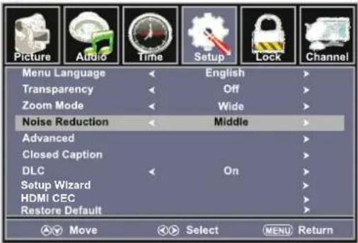 Picture Audio Time Setup Lock Channel Menu Language English Transparency Off Zoom Mode Wide Noise Reduction Middle Advanced Closed Caption DLC On Setup Wizard HDMI CEC Restore Default Move Select MENU Return