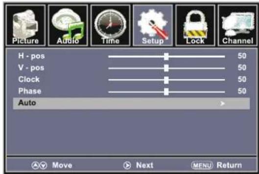 Picture Audio Time Setup Lock Channel H - pos 50 V - pos 50 Clock 50 Phase 50 Auto Move Next MENU Return
