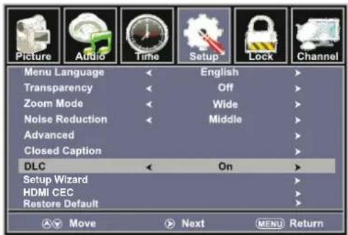 Picture Audio Time Setup Lock Channel Menu Language English Transparency Off Zoom Mode Wide Noise Reduction Middle Advanced Closed Caption DLC On Setup Wizard HDMI CEC Restore Default Move Next MENU Return