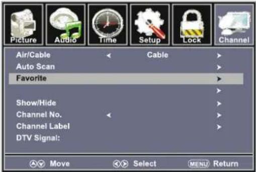 Picture Audio Time Setup Lock Channel Air/Cable Cable Auto Scan Favorite Show/Hide Channel No. Channel Label DTV Signal: Move Select MENU Return
