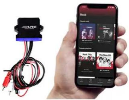 Product photo showing an Apple Music app connected to a vinyl audio jack and a smartphone displaying Rock music.