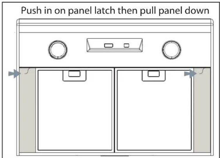 Push in on panel latch then pull panel down