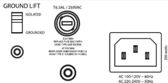 GROUND LIFT ISOLATED T6.3AL / 250VAC CAUTION REPLACE FUSE ONLY WITH SAME TYPE AND RATING ATTENTION REIMPLACEMENT UNINJEMENT AVE CLE HOME TYPE ET CALIBRI IN FIUEABLE 200 watts AC 100-120V ~ 60Hz AC 220-240V ~ 50Hz