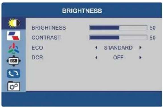BRIGHTNESS BRIGHTNESS 50 CONTRAST 50 ECO STANDARD DCR OFF