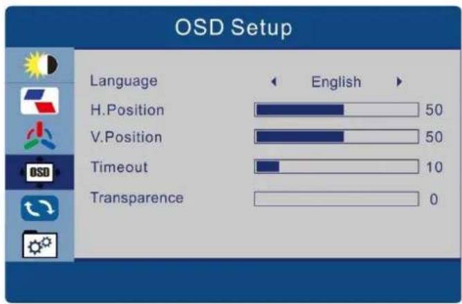 OSD Setup Language English H.Position 50 V.Position 50 Timeout 10 Transparence 0