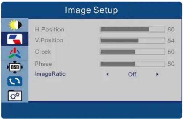 Image Setup H Position 80 V. Position 54 Clock 50 Phase 50 ImageRatio Off