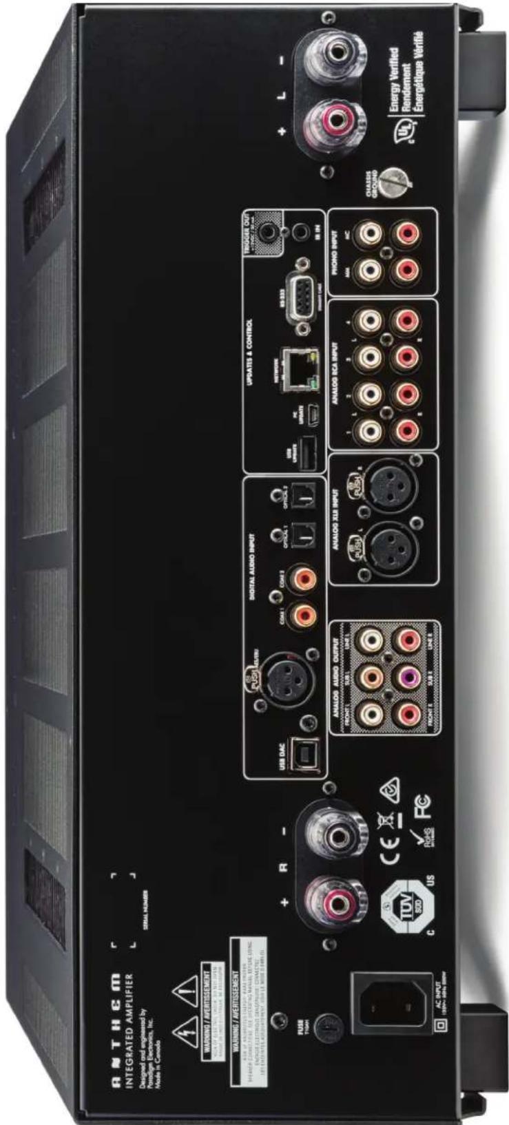 ANTHEM INTEGRATED AMPLIFIER Designed and engineered by Pomstign Electronics, Inc. Made in Canada WARNING / AVERTISSEMENT WARNING / AVERTISSEMENT WARNING / AVERTISSEMENT USB DAC USB DAC + R - USB DAC DIGITAL AUDIO INPUT COM 1 COM 2 OPTICAL 1 OPTICAL 2 UPDATES & CONTROL USB PC UPDATES NETWORKS PRODUIT CASE PRODUIT CASE TRIGGER OUT ENERGY VERIFIED ENERGY VERIFIED AC INPUT 100V- 600V 600V TUV 800 US CE RHS FC ANALOG AUDIO OUTPUT FRONT 1 SUB 1 LINE 1 FRONT 2 SUB 2 LINE 2 ANALOG XLR INPUT RUSH RISH ANALOG ECA INPUT 1 L 2 L 3 L 4 1 L 2 L 3 L 4 1 L 2 L 3 L 4 PHONO INPUT AMR MC CHARGS GROUND UL Energy Verified Rendement Energétique Verifié